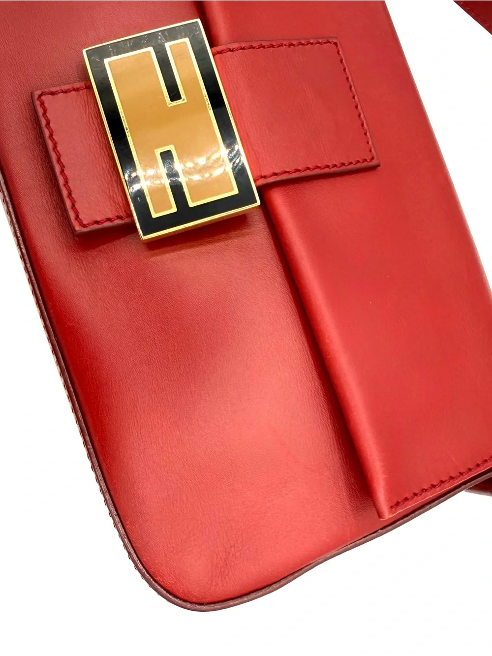 Fendi Red Leather Baguette Shoulder Bag with Gold Hardware